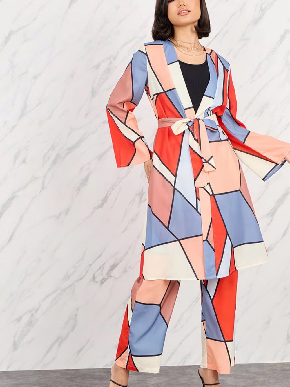 SHEIN Multicolor Geometric Tie-Waist Robe & Pants Set — Red, Blue, Pink, Cream